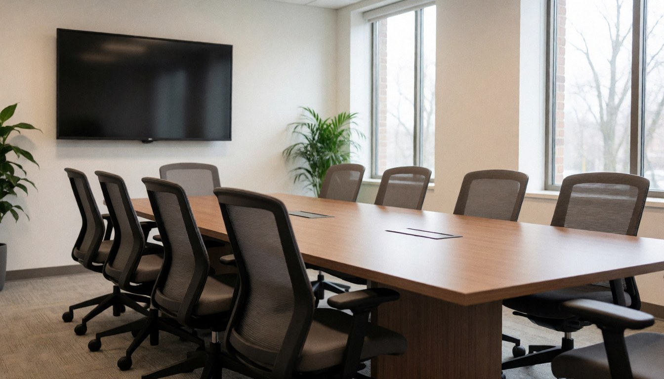 Modern conference room featuring a long wooden table, ergonomic chairs, natural light from windows, and a decorative plant.