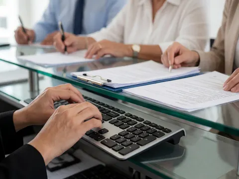 Close-up of hands typing on a glass desk while colleagues sign documents in a professional office setting.