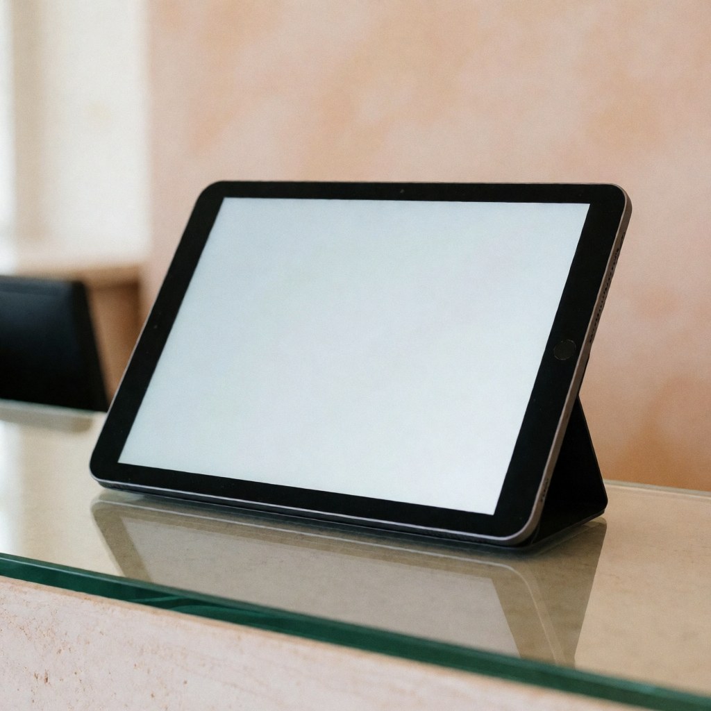 Digital tablet resting on a reception desk against light terracotta plaster walls, suitable for customer service environments.