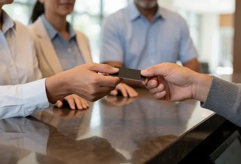 Close-up of hands exchanging a card at a polished hotel reception desk with blurred guests in the background