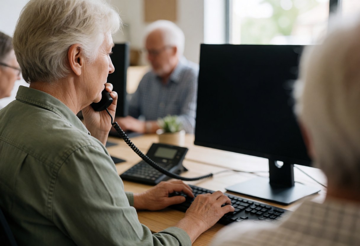 Professional attending client by phone while typing on computer in modern office with natural light