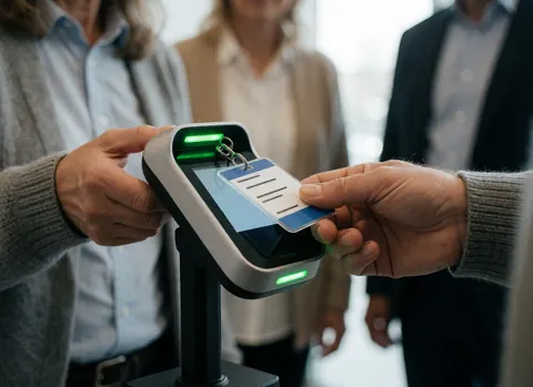 Close-up of hands scanning a visitor badge on a digital reader with green lights in a modern office.