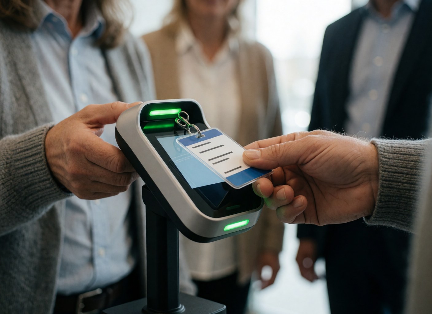 Close-up of hands scanning a visitor badge on a digital reader with green lights in a modern office.