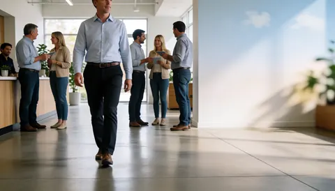 A man walks down a polished office corridor while colleagues converse in groups nearby, showcasing a professional business environment.