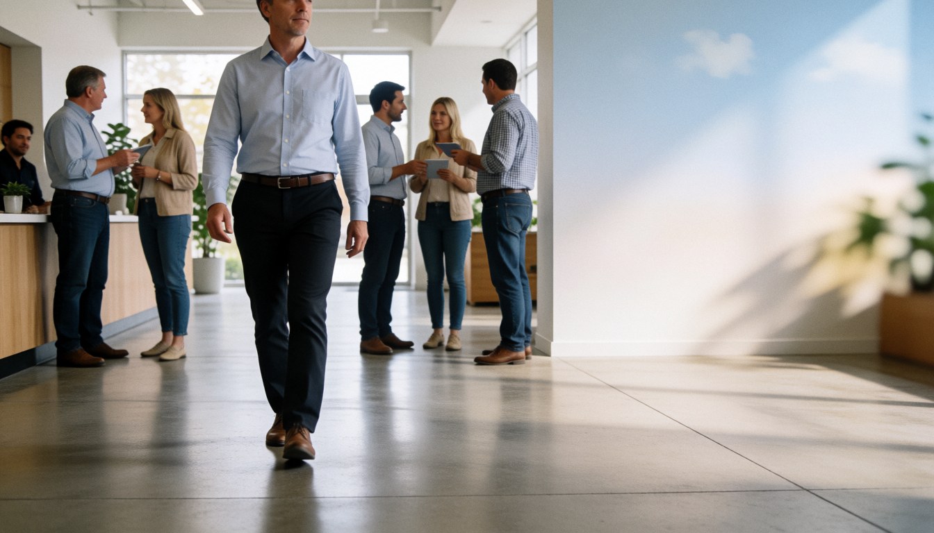 A man walks down a polished office corridor while colleagues converse in groups nearby, showcasing a professional business environment.