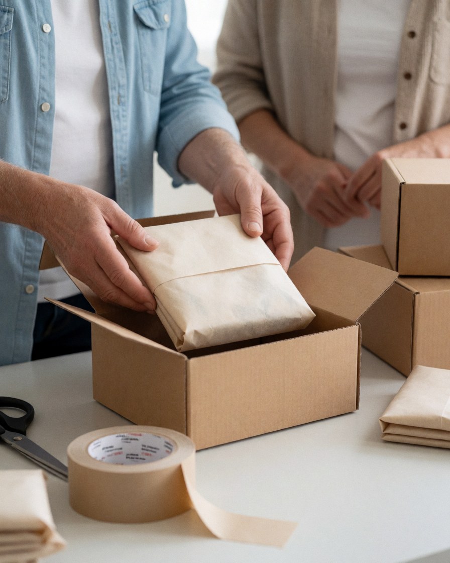 Hands placing a kraft-wrapped product into a cardboard box on a white table with tape and scissors nearby for shipping preparation