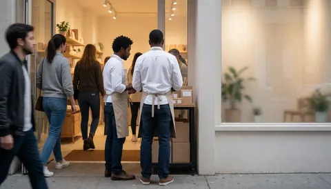Staff wearing aprons assist shoppers at the store entrance near product boxes with warm lighting and pedestrians on the sidewalk