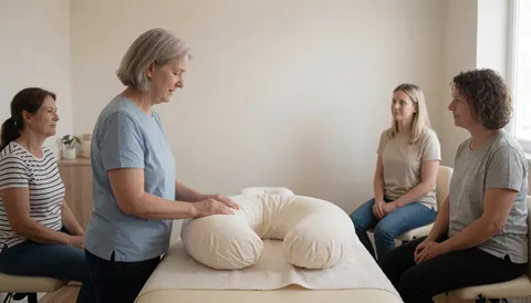 A massage therapist prepares a C-shaped pillow on a massage table while four women watch in a clean room with natural light.