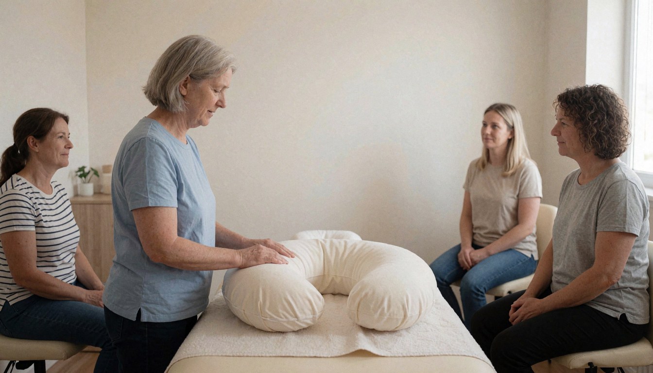 A massage therapist prepares a C-shaped pillow on a massage table while four women watch in a clean room with natural light.