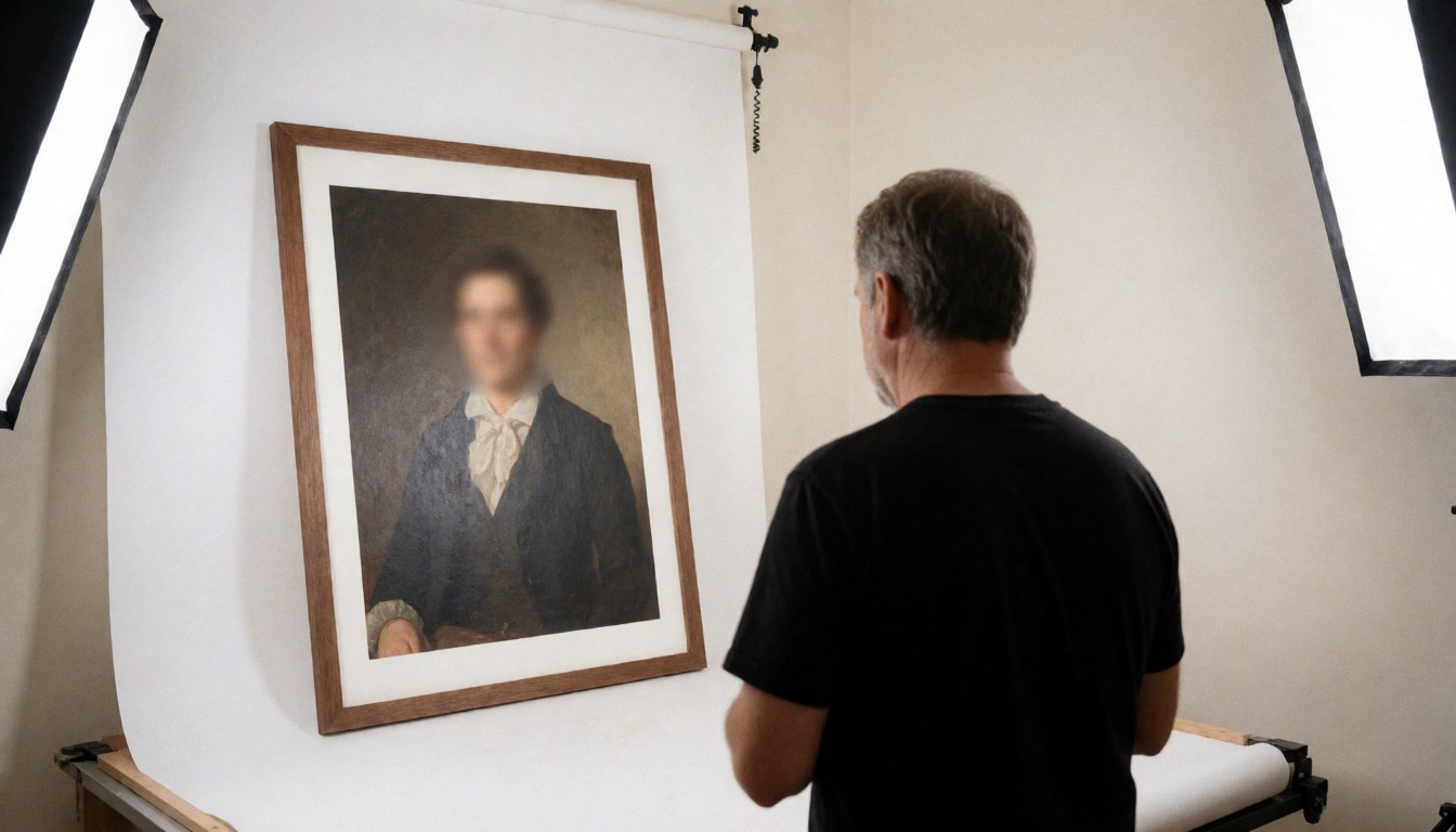 Portrait photographer reviewing a framed portrait in a studio with white background and softbox lighting