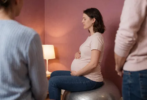 A pregnant woman sits on a yoga ball with her hands resting on her belly in a room with pink walls and a floor lamp.