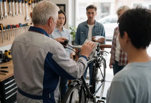 Bicycle mechanic cleaning handlebars in workshop while customers observe the service