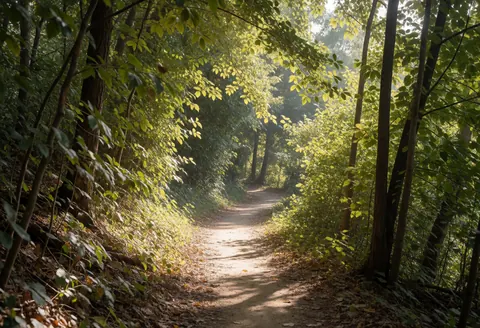 A dirt path winding through a forest with sunlight filtering through the trees, suitable for mountain biking training.
