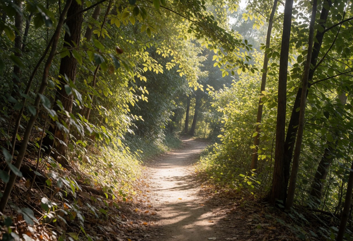 A dirt path winding through a forest with sunlight filtering through the trees, suitable for mountain biking training.