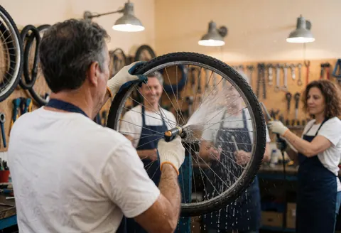 Bicycle mechanic washing a wheel with a water hose in a workshop with tools and other workers in the background