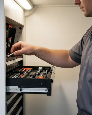 Professional lock repairer selects a tool from an organized toolbox inside a vehicle with white walls and practical lighting