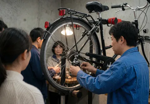 A bicycle mechanic adjusts the gear derailleur on a black bike inside a concrete workshop with warm lighting