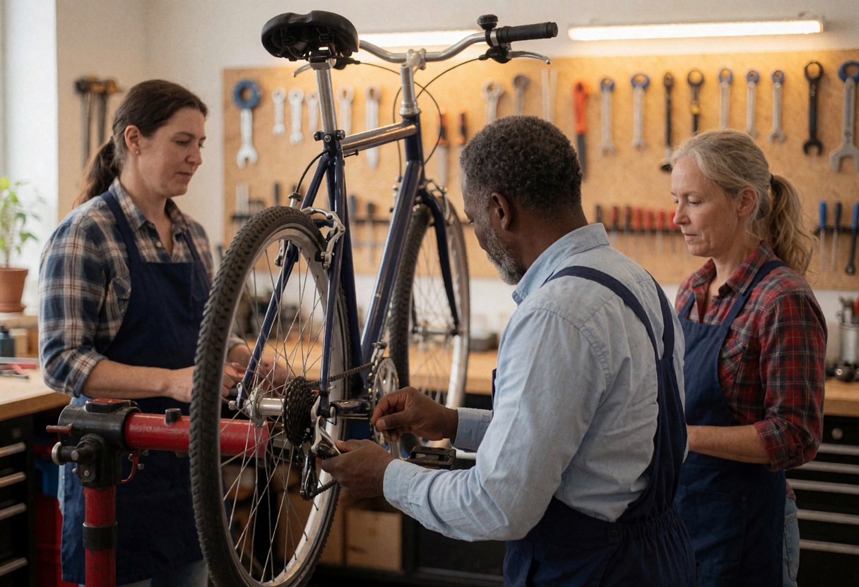 Three mechanics repair a bicycle in a workshop with tools on the wall and a repair stand
