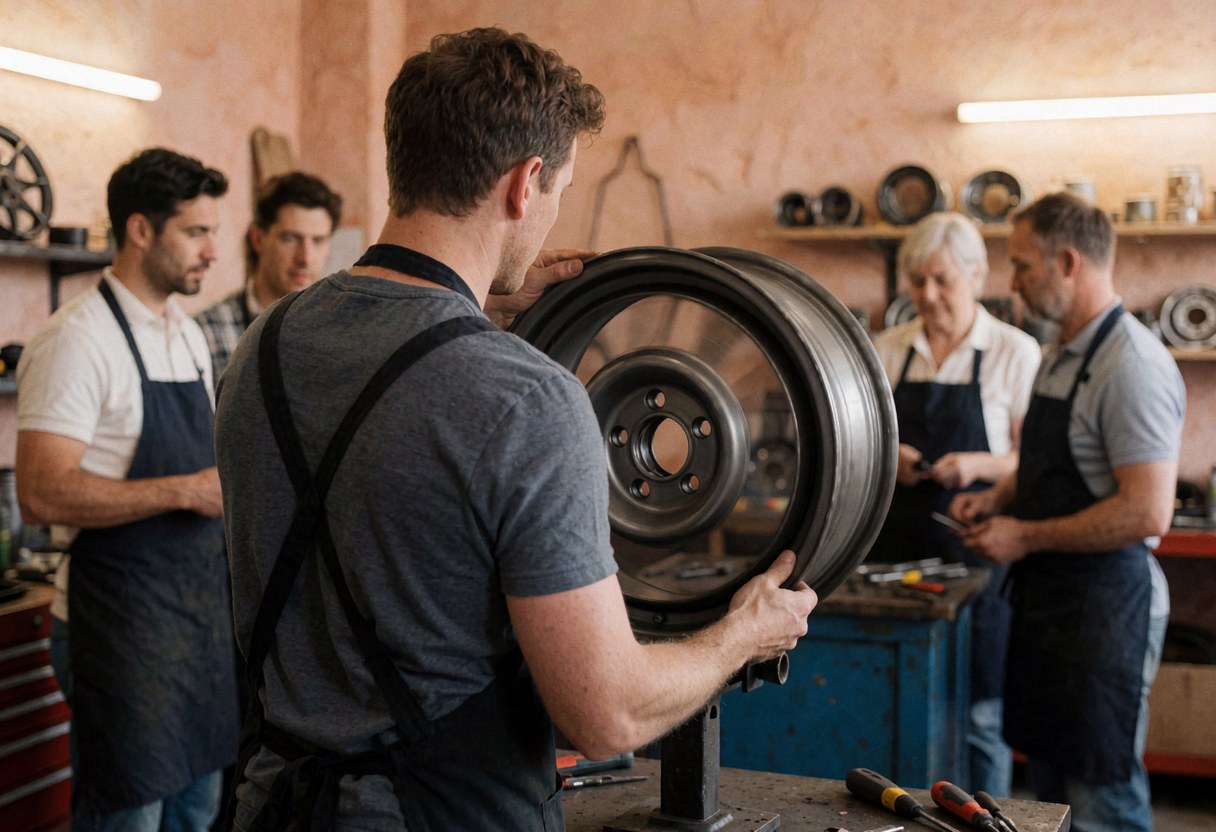 Mechanic checking a mounted wheel on a stand in a workshop with terracotta plaster walls and other workers in the background.