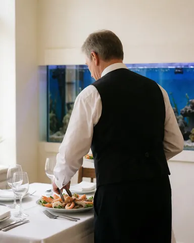 Waiter in black uniform serving seafood on a white table in front of a blue-lit aquarium at a restaurant