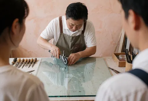 A craftsman wearing an apron cuts glass in a workshop with light plaster walls and organized tools.