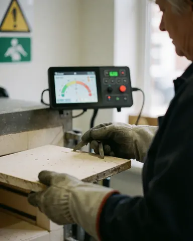 Close-up of a gloved hand adjusting a digital temperature control panel in a pottery workshop with visible safety signage.