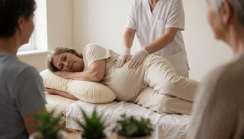 Therapist massaging the back of a pregnant woman on a table with white walls and plants in the foreground