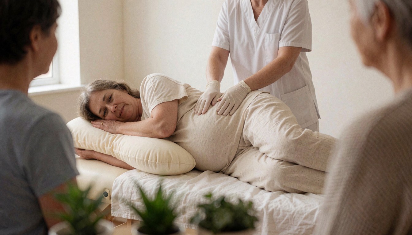 Therapist massaging the back of a pregnant woman on a table with white walls and plants in the foreground