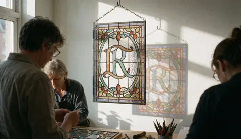 Decorative stained glass window with floral initials hanging in a workshop, illuminated by natural light casting shadows on a white wall.