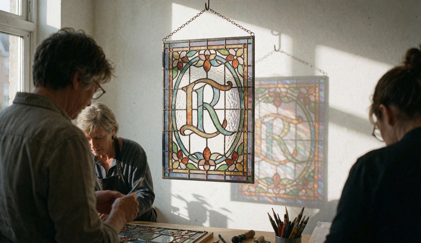 Decorative stained glass window with floral initials hanging in a workshop, illuminated by natural light casting shadows on a white wall.