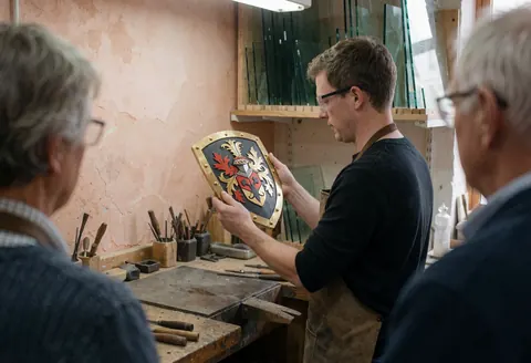 Glass artist wearing safety glasses inspects a heraldic shield in a workshop with tools and glass panels in the background.