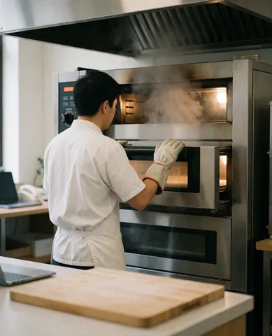 Baker wearing protective gloves inspecting an industrial oven, showcasing professional bakery equipment in action.