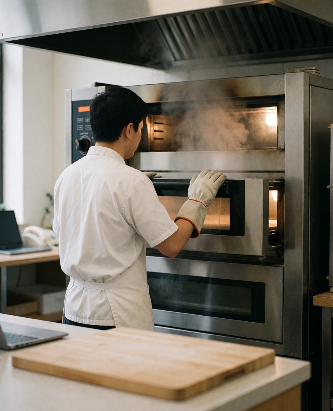 Baker wearing protective gloves inspecting an industrial oven, showcasing professional bakery equipment in action.