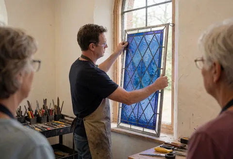 A craftsman wearing an apron secures a blue glass panel in a church window while tools and two observers watch the installation process.