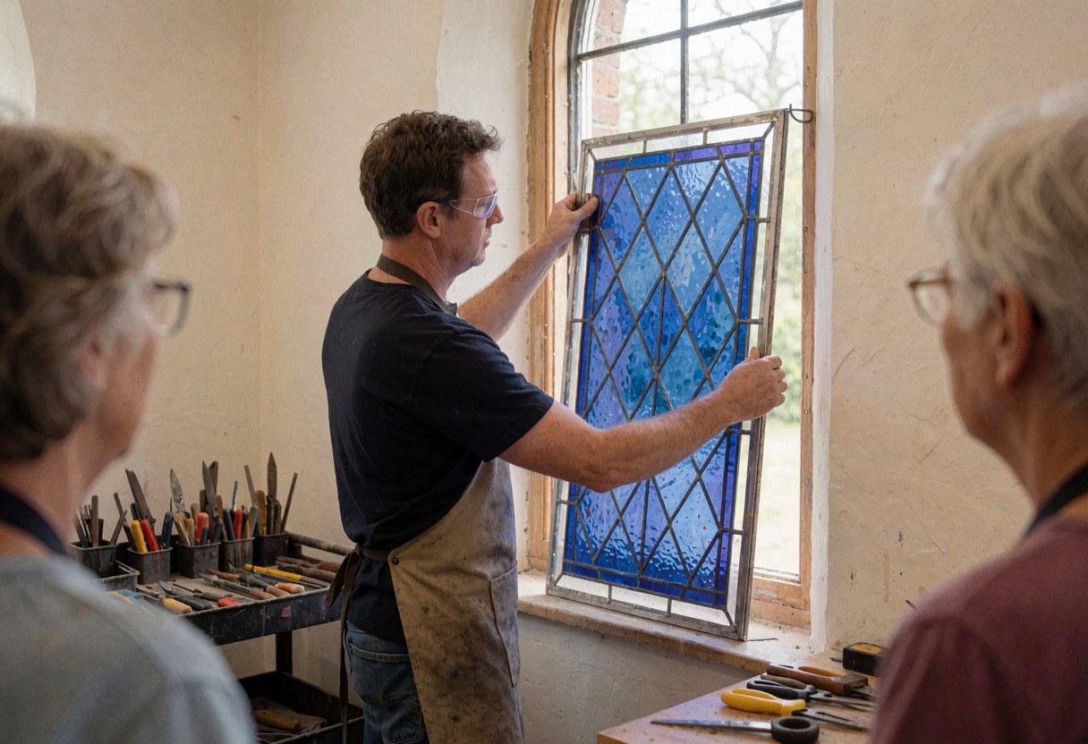 A craftsman wearing an apron secures a blue glass panel in a church window while tools and two observers watch the installation process.