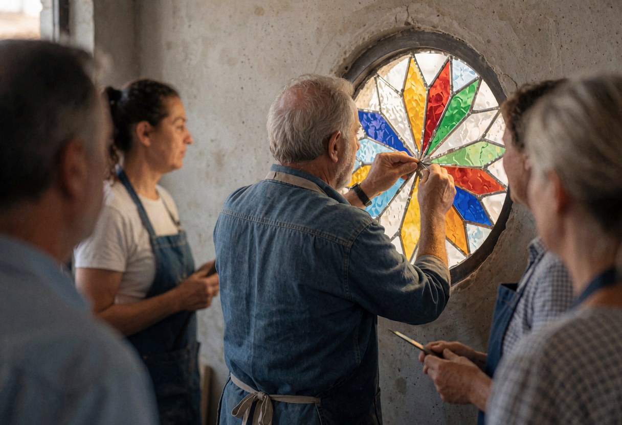 Close-up of hands fitting lead came into a circular stained glass window frame within a workshop setting