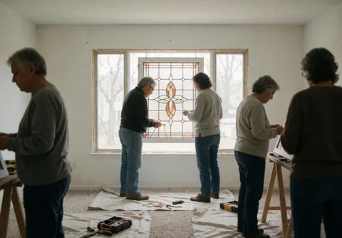 Artisans install a stained glass window in a home using tools and protective drop cloth on the floor