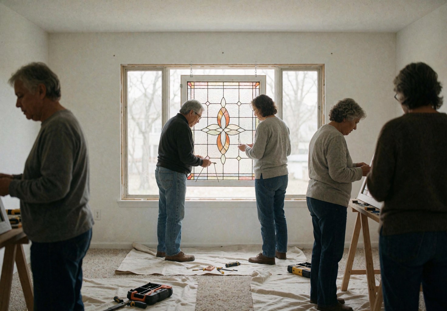 Artisans install a stained glass window in a home using tools and protective drop cloth on the floor