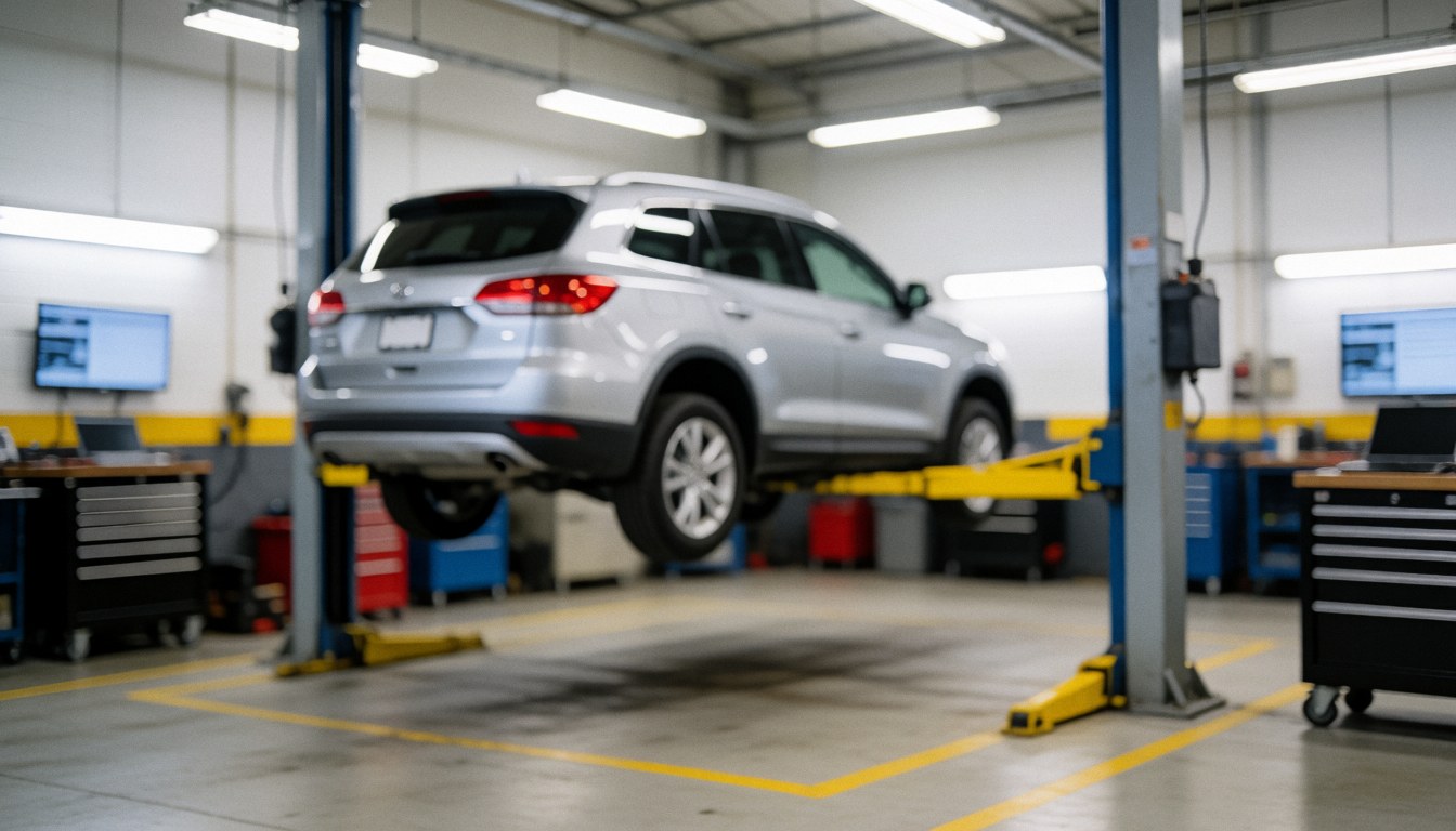 Silver SUV elevated on hydraulic lift in tire shop with tools and yellow safety lines on floor