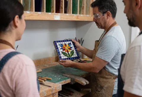 Artisan wearing safety glasses holds a floral mosaic glass panel in a glass studio with tools and shelves in the background