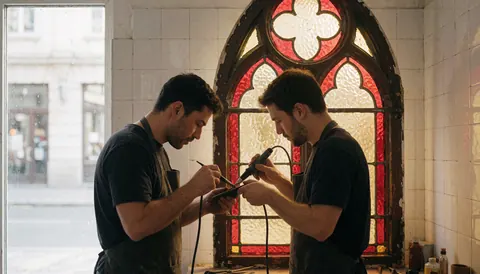 Two artisans welding glass in a gothic window with red stained glass in a workshop with white tiled walls and natural light