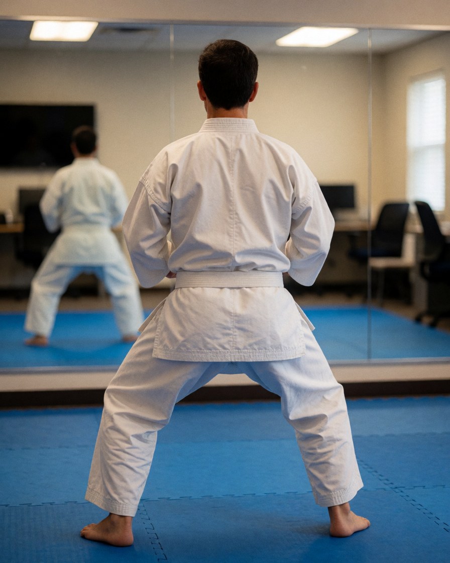 Karate instructor in training stance with white gi and blue mats visible in a dojo with mirror