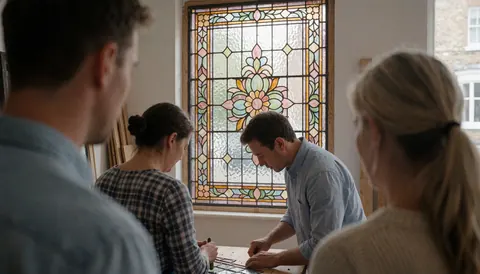 A glass artist works on a floral stained glass design in a workshop while clients observe the creative process.