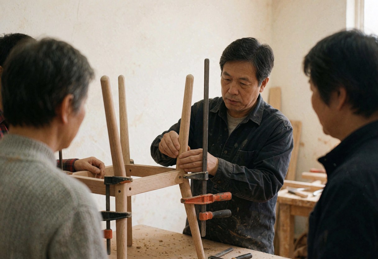 A carpenter uses clamps to adjust a wooden chair while three people watch in a workshop.