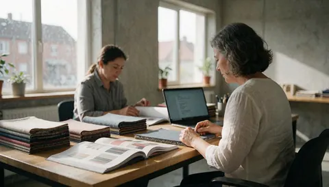 Two professionals in a carpet office working with fabric samples, catalogs, and a laptop, with concrete walls and natural light.