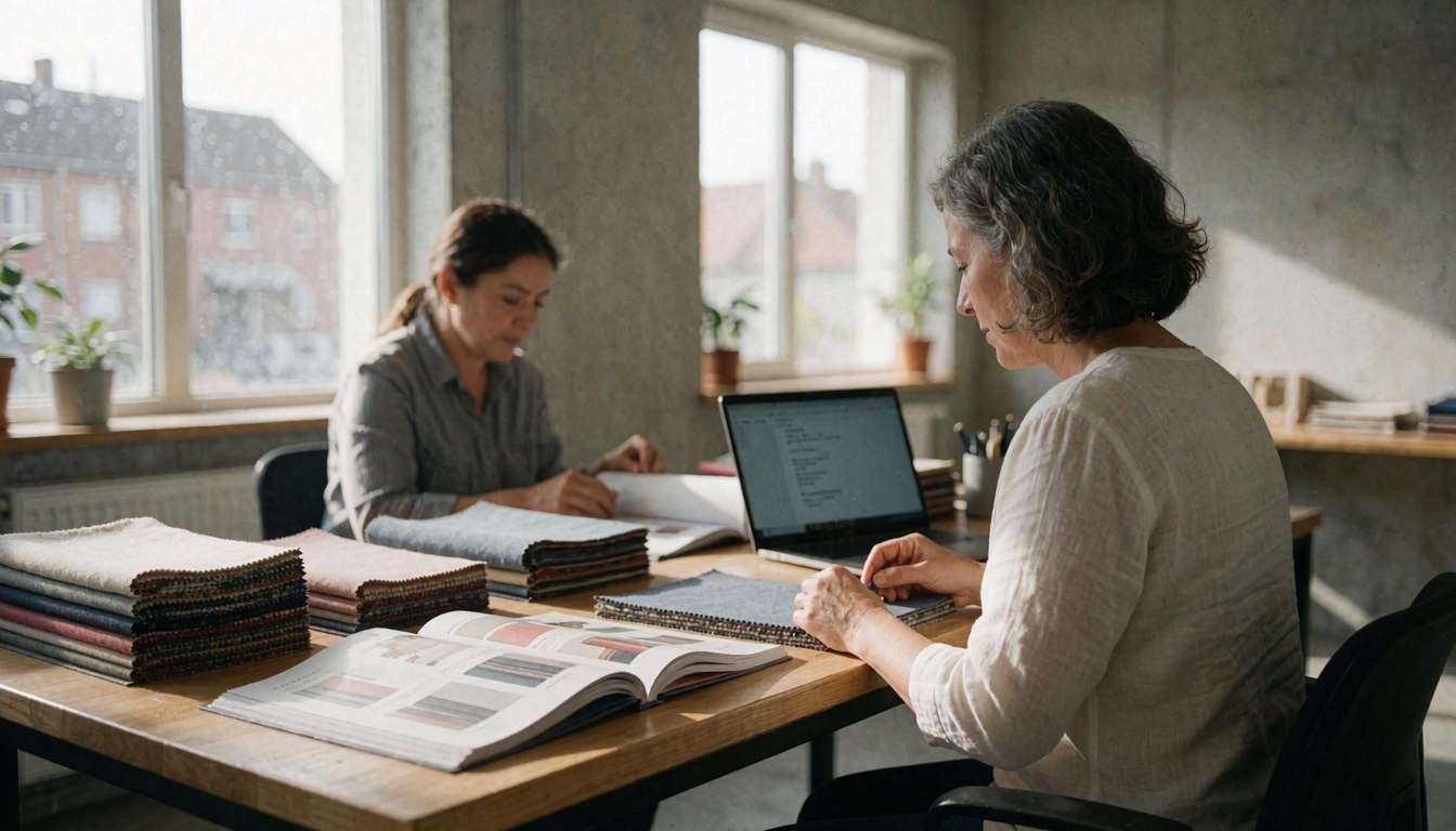 Two professionals in a carpet office working with fabric samples, catalogs, and a laptop, with concrete walls and natural light.