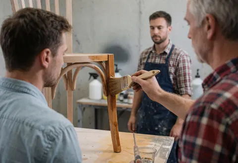 Three men applying varnish to a wooden chair in a workshop with concrete walls, demonstrating furniture repair service