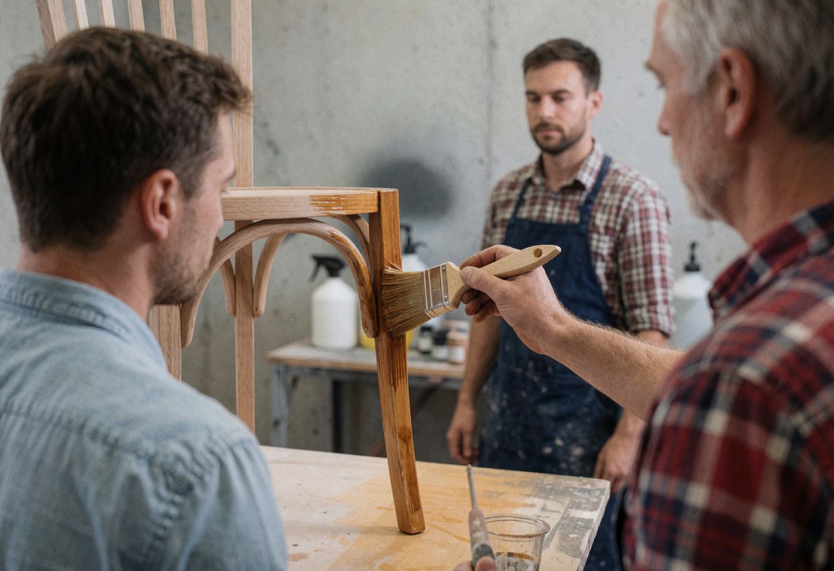 Three men applying varnish to a wooden chair in a workshop with concrete walls, demonstrating furniture repair service