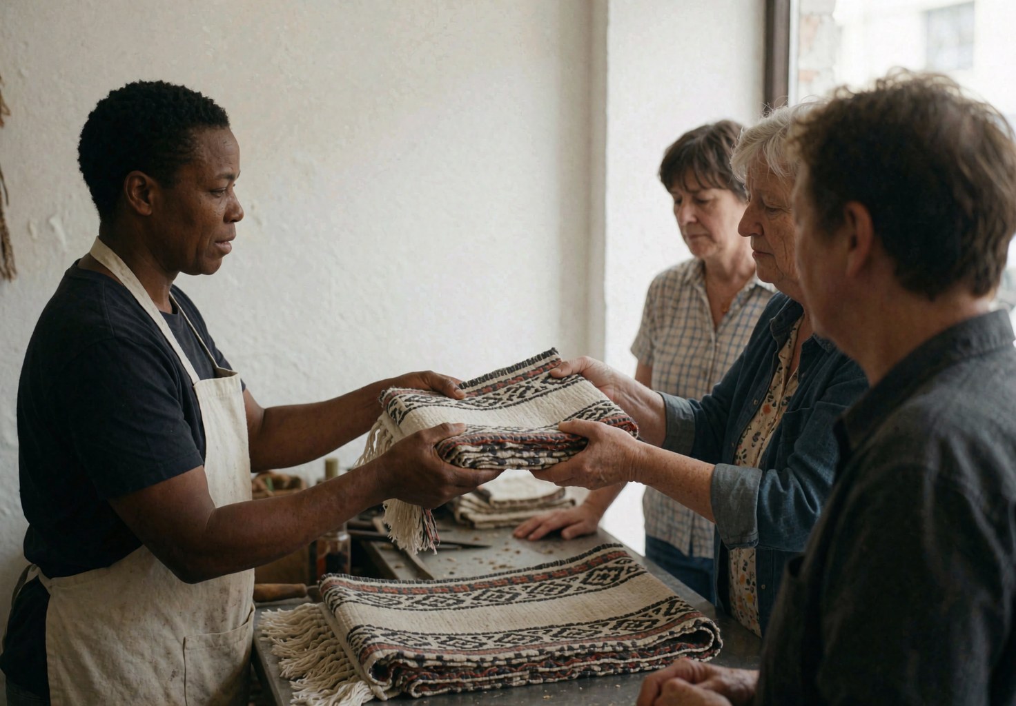 Carpenter delivering a handwoven carpet to a client in a store with white walls and natural light