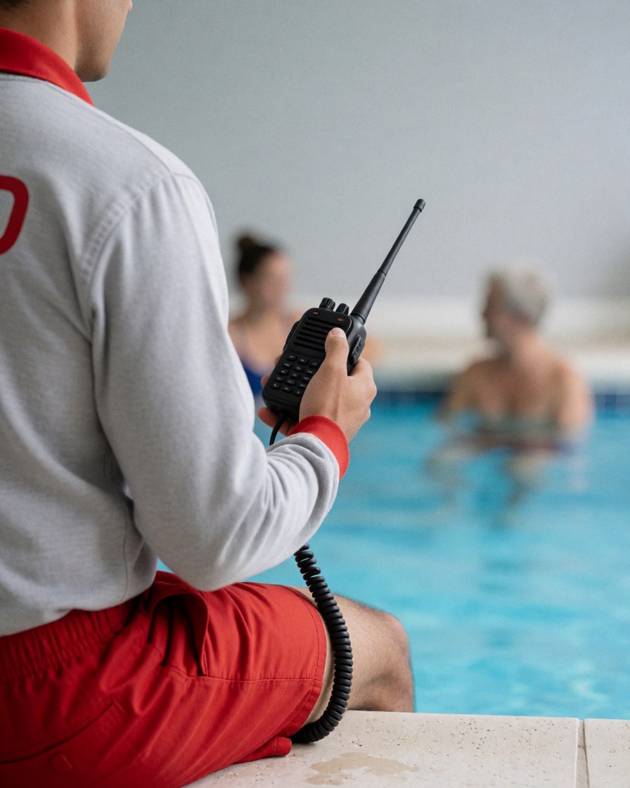 Lifeguard in red and gray uniform holding a radio, monitoring swimmers in an indoor pool with gray walls.